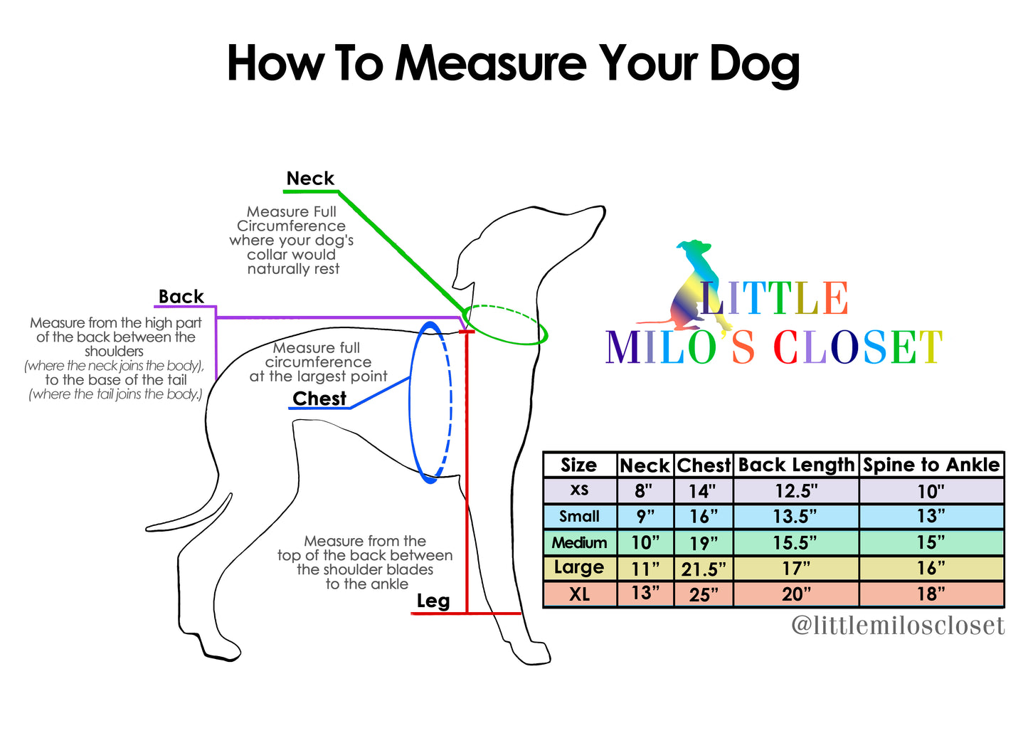 Diagram explaining how to measure a dog with labeled body parts and a sizing chart.