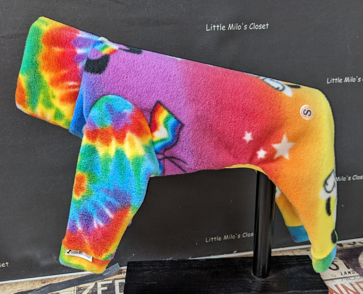 Large Italian Greyhound fleece bodysuit with rainbow tie dye sleeves and a purple to yellow gradient body with stars
