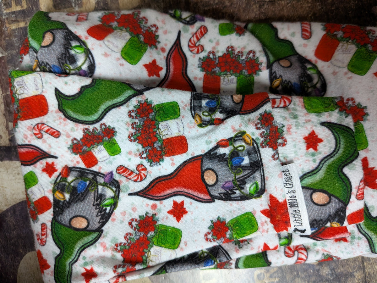 Folded white Gnomes two legged Christmas top for Italian Greyhounds with gnomes, candy canes and poinsettias