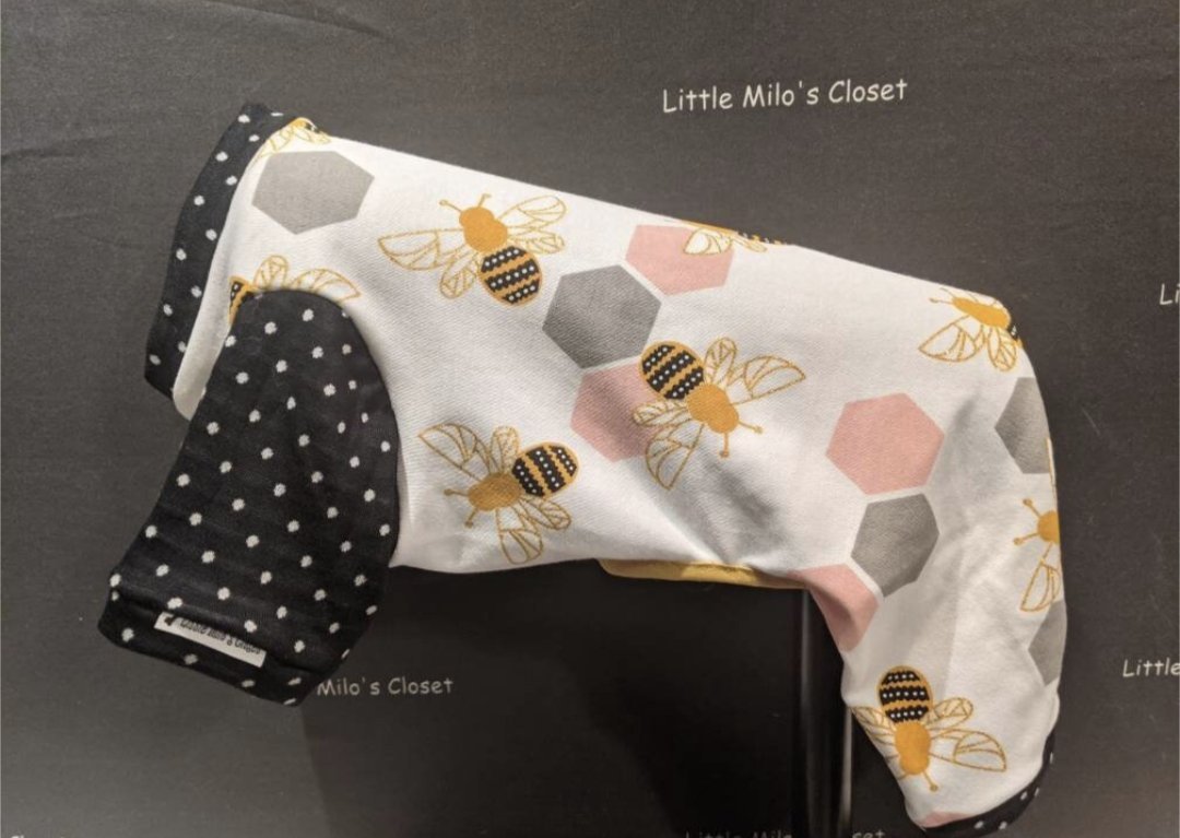 Glitter Bees capri bodysuit, white with gold bees and pink honeycomb, black polka dot sleeves