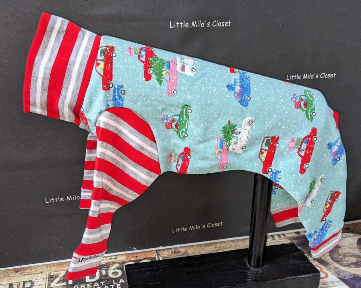 Christmas Car Stripe Italian Greyhound bodysuit, truck print with red, white and grey striped sleeves and collar