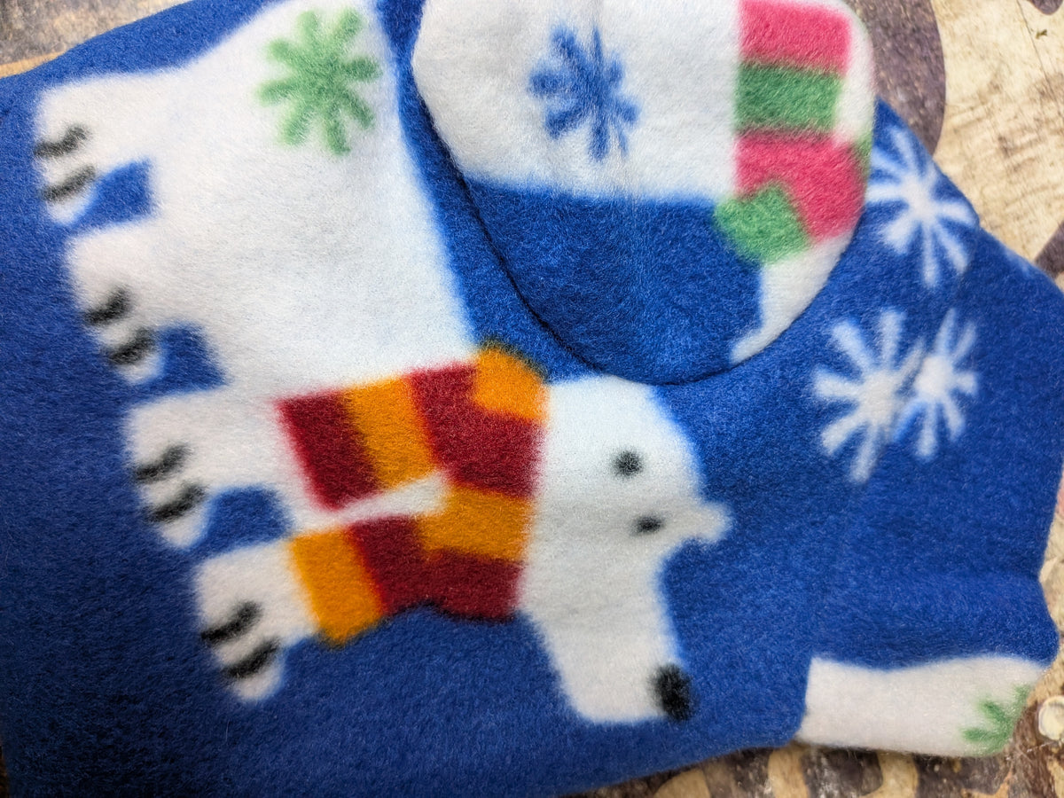 Polar Bears and snowflakes fleece top, royal blue with polar bears in striped scarves, close-up