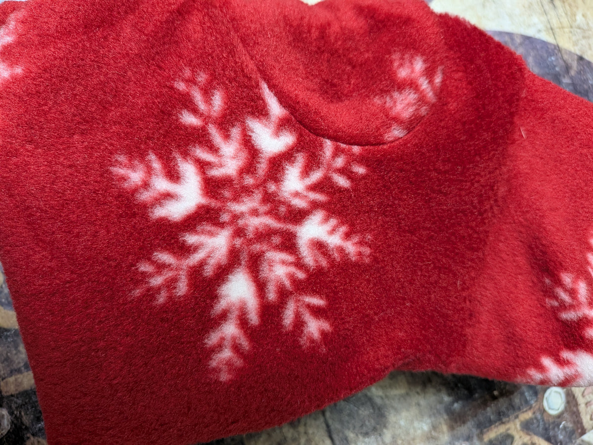 Snowflakes on Red Christmas fleece top for Italian Greyhounds, red fleece with large white snowflakes