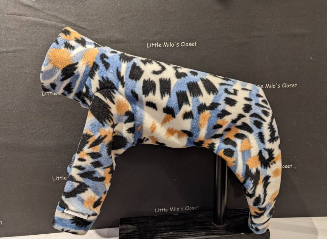 Blue Animal Print plush fleece Italian Greyhound bodysuit with blue, tan and black leopard spots, on a form