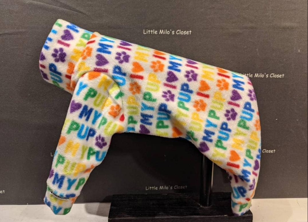 I Love My Pup text print plush fleece Italian Greyhound bodysuit with colorful hearts and paw prints
