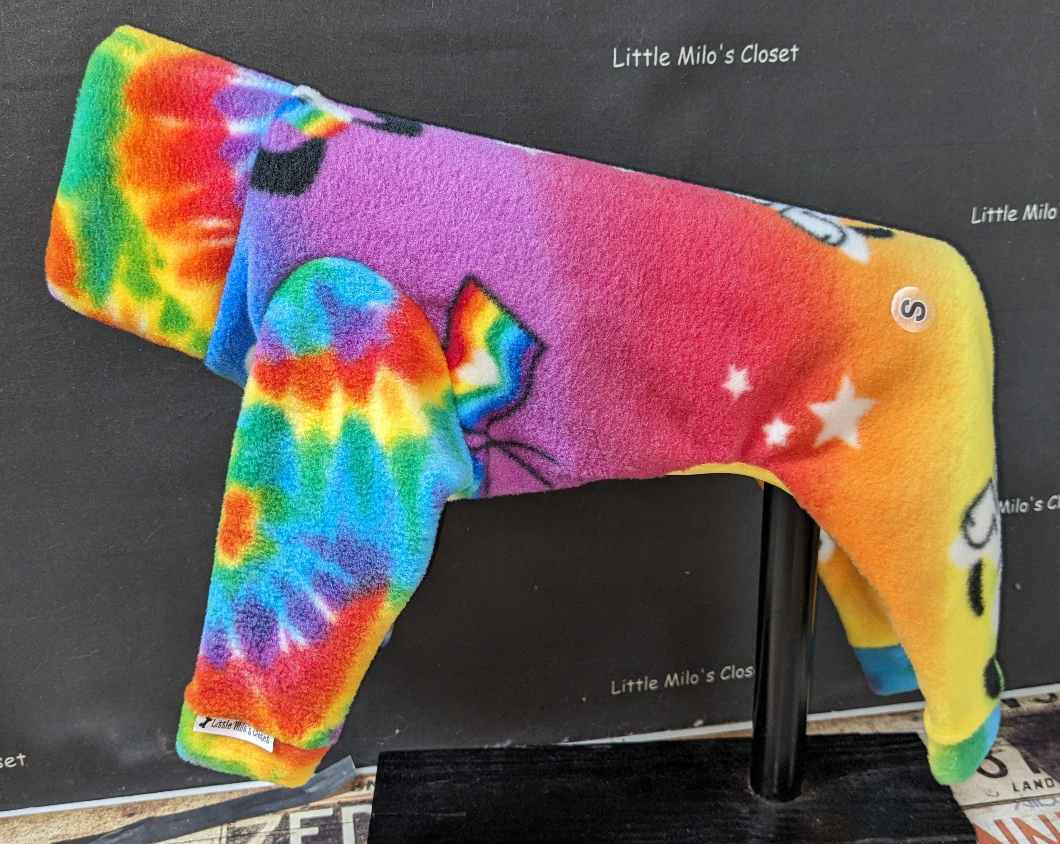 Rainbow tie dye and purple to orange ombre plush fleece Italian Greyhound bodysuit with white stars