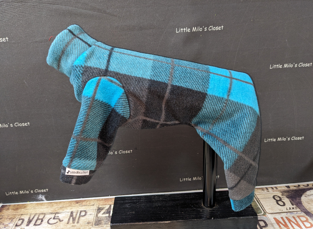 Turquoise, grey and black plaid plush fleece Italian Greyhound bodysuit, side view on a display form