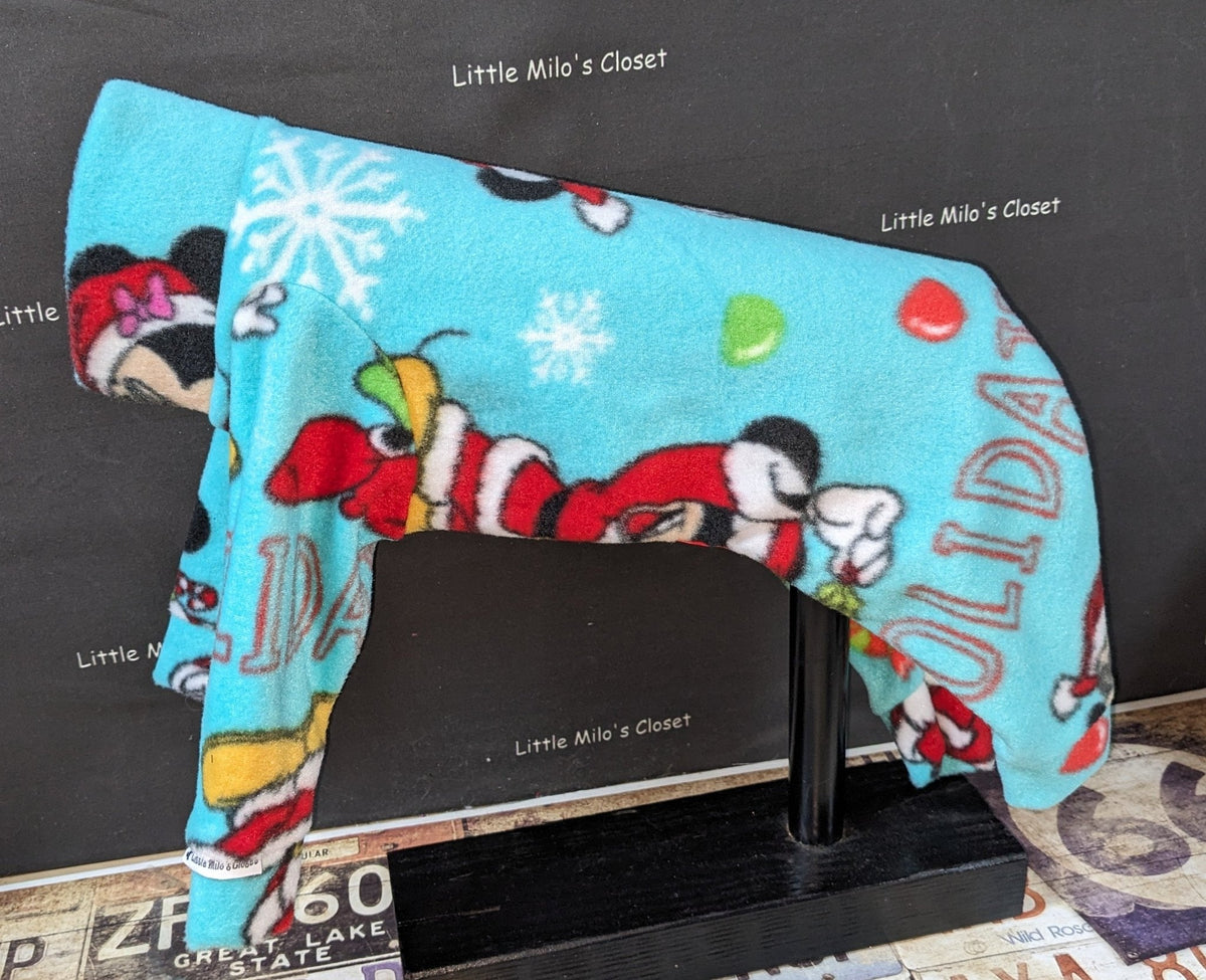 Mouse Christmas plush fleece jammies for Italian Greyhounds, aqua with cartoon mice in Santa outfits and snowflakes