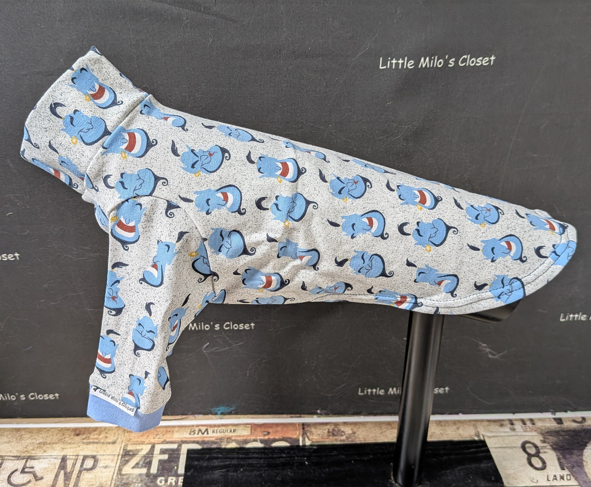 Grey cotton lycra long sleeve top with blue cartoon genie print, side view on an Italian Greyhound dog form