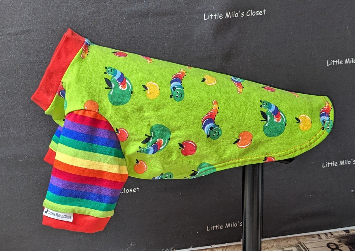 Caterpillar and Rainbow Stripe short sleeve Italian Greyhound top, lime green with rainbow sleeves, on a dog form