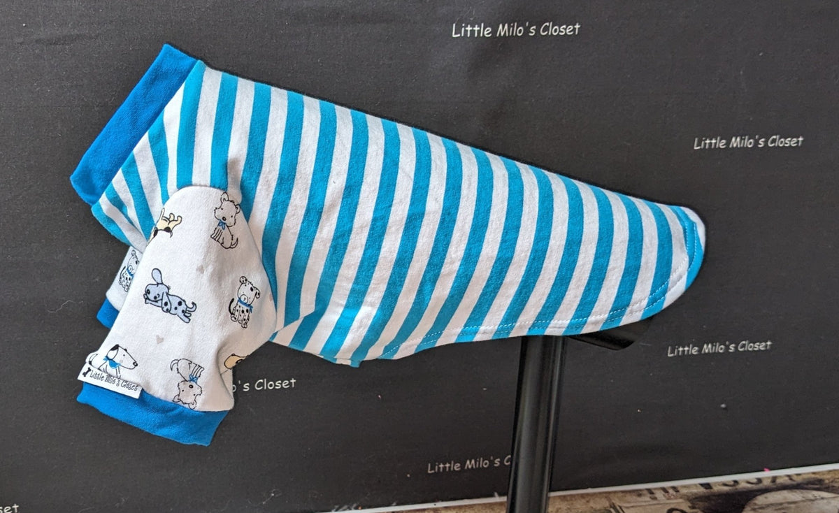 Little Dog Stripes short sleeve top, turquoise and white stripes with dog print sleeves, on a dog form