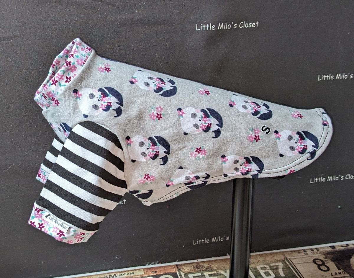 Panda and Stripe short sleeve top, grey with pandas and black and white striped sleeves, on a dog form