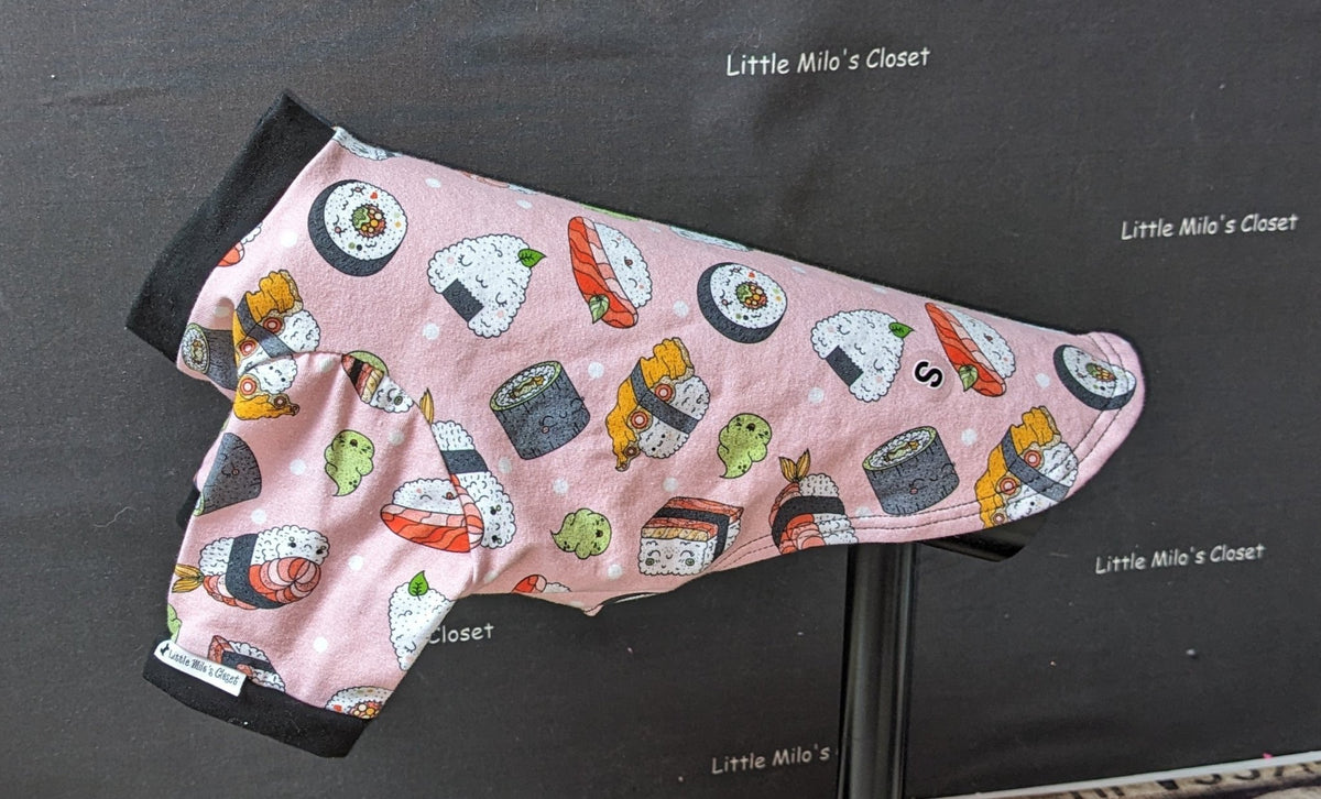 Sushi short sleeve cotton jersey Italian Greyhound top, pink with sushi print and black trim