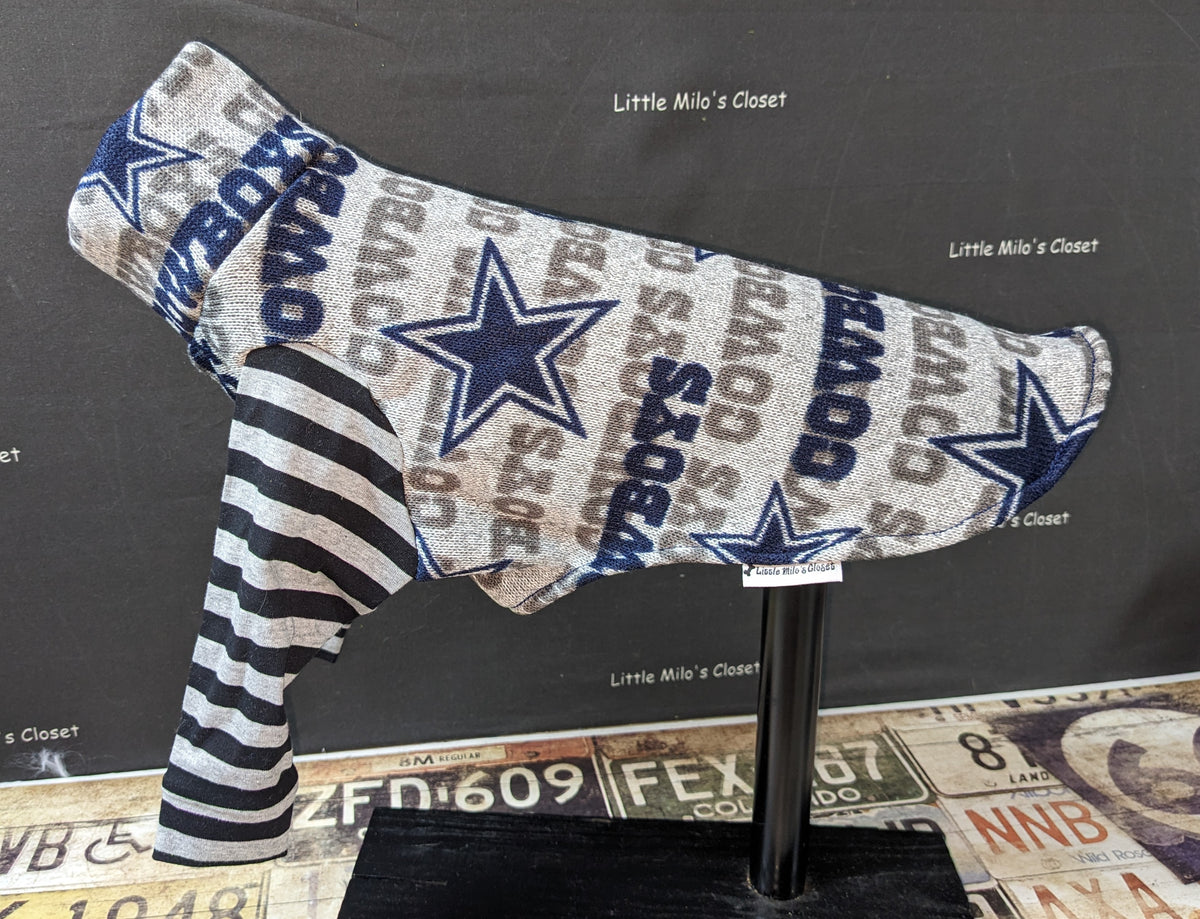 Cowboys cotton jersey top, heather grey with navy stars and lettering and black and white striped legs