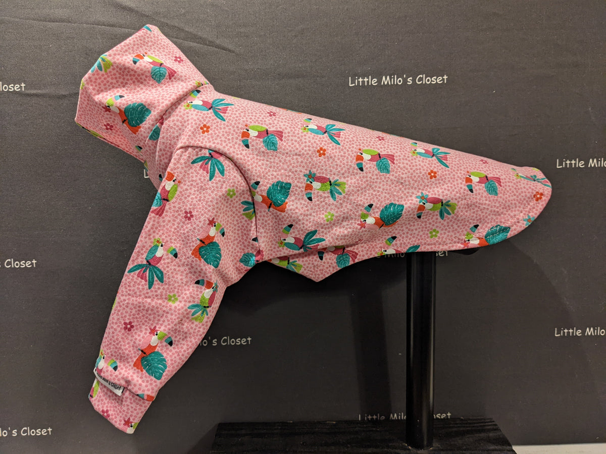Pink toucan print cotton lycra long sleeve Italian Greyhound top on a dog form, side view