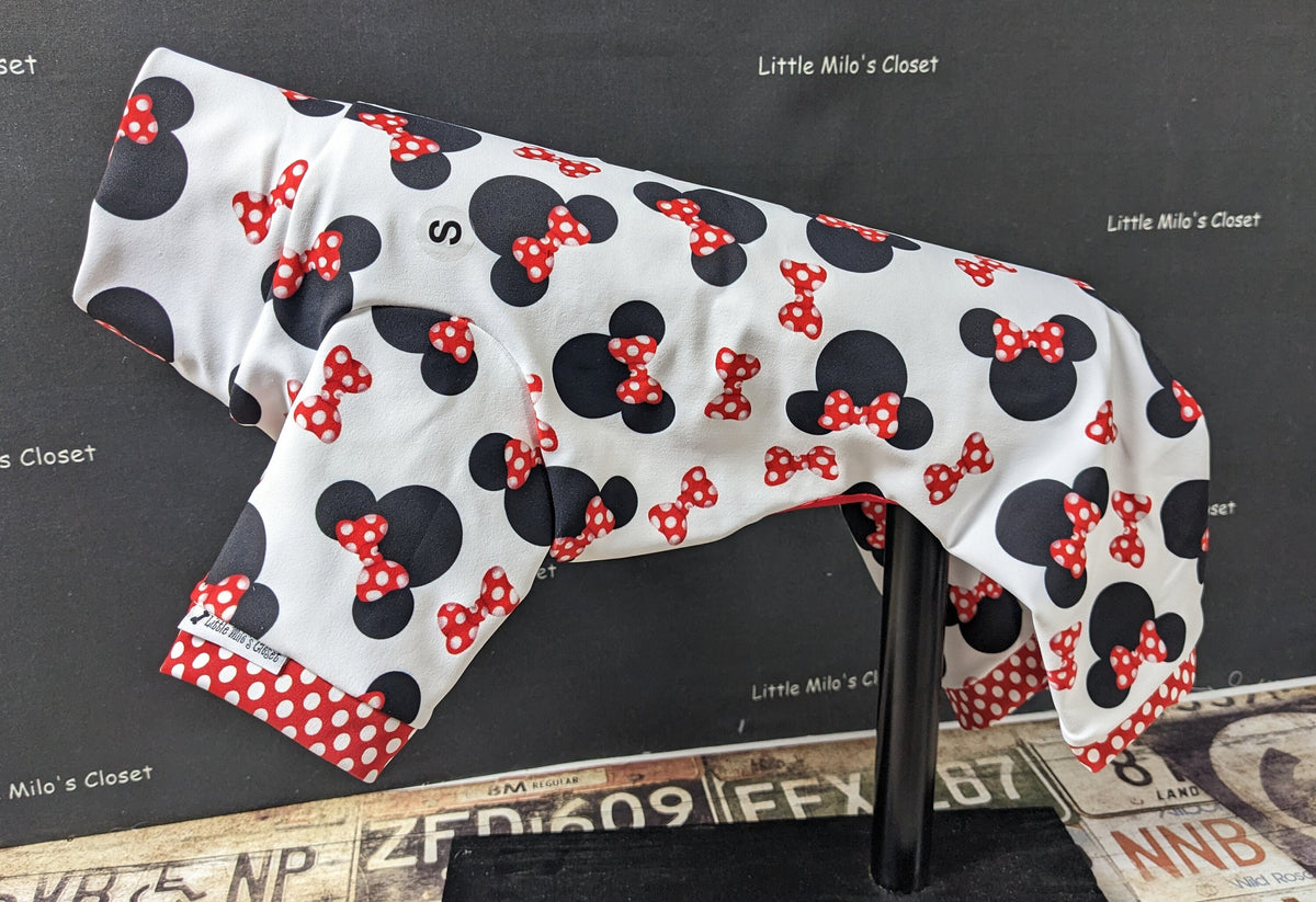 Girl Mouse UPF 50+ capri length Italian Greyhound bodysuit, white with mouse ears and red polka dot bows