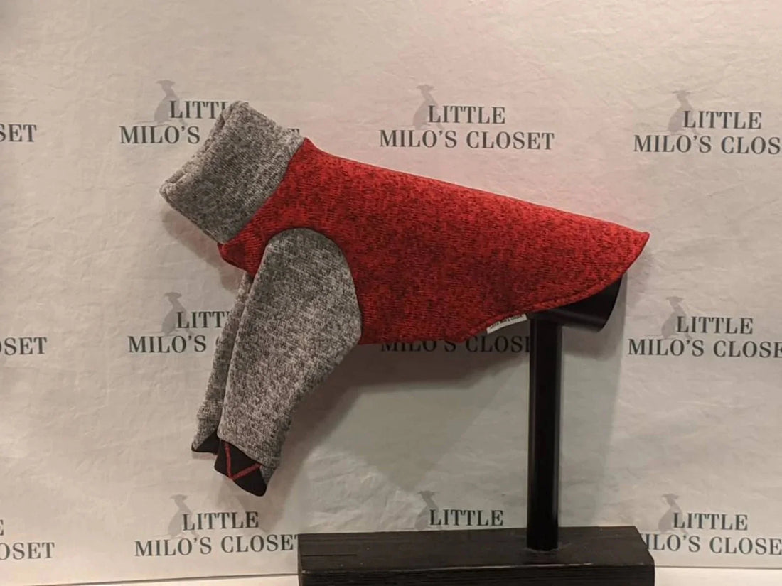 Red heather sweater knit 2 legged Italian Greyhound top with grey heather sleeves and collar on a dog form