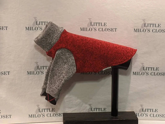 Red heather sweater knit 2 legged Italian Greyhound top with grey heather sleeves and collar on a dog form