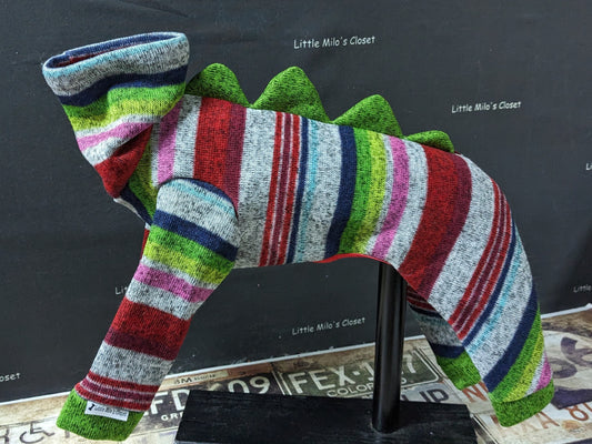 Striped sweater knit Italian Greyhound bodysuit with green dinosaur spikes and green cuffs, on a dog form