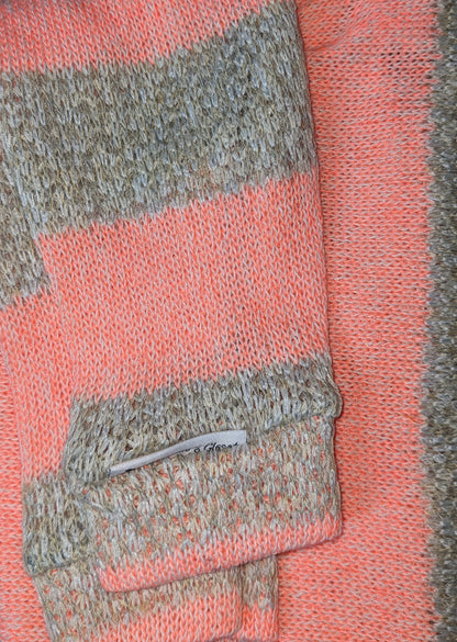 Coral and tan striped Italian Greyhound sweater, folded close-up of the sleeve and label