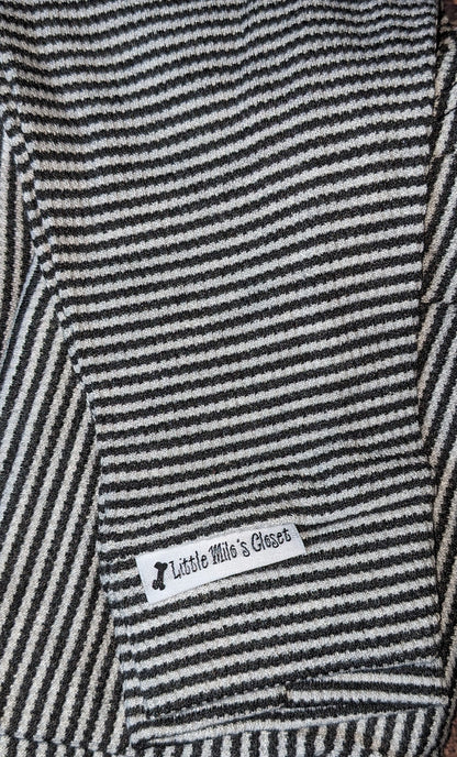 Charcoal and white thin striped Italian Greyhound sweater, folded close-up