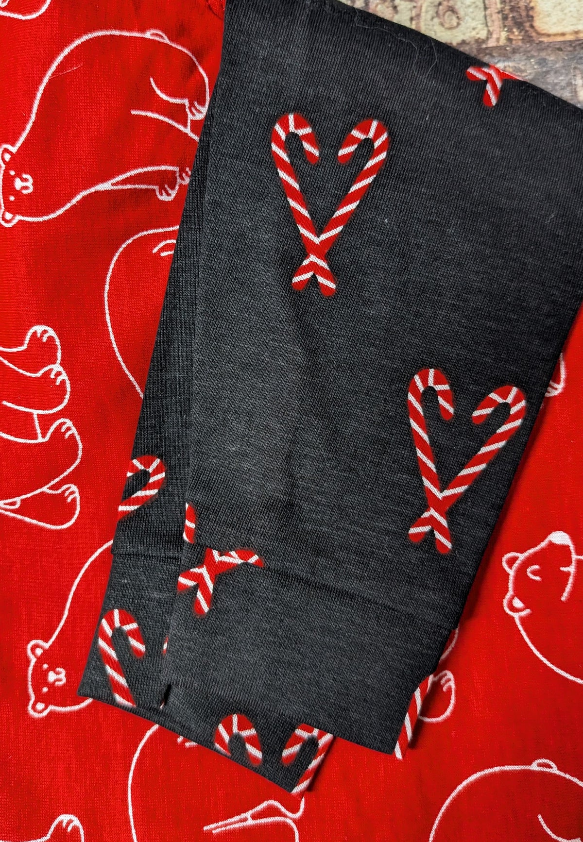 Polar Bears and Candy Canes two legged Italian Greyhound top, black candy cane heart fabric over red polar bear print