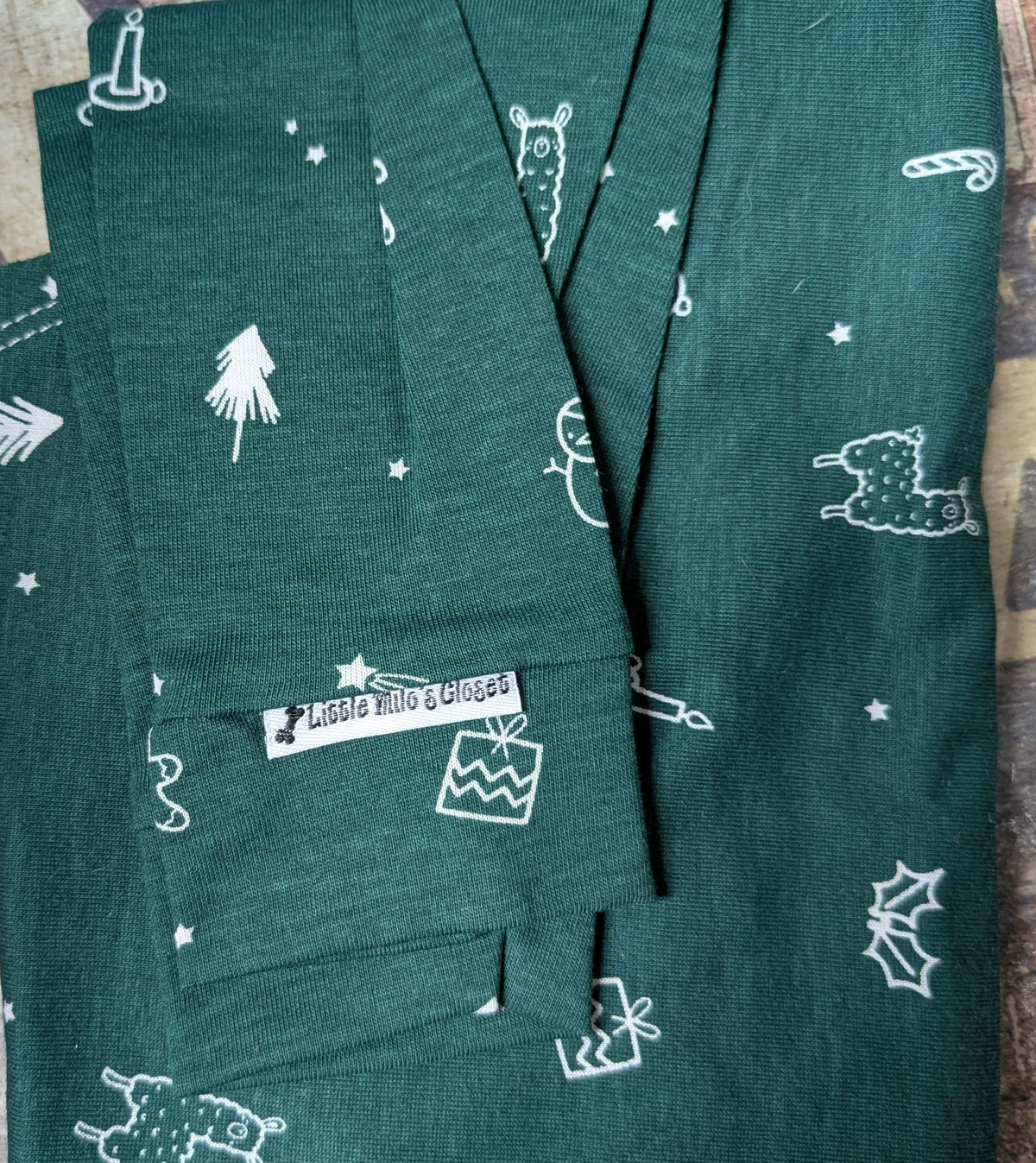 Green Holiday Llamas two legged Italian Greyhound top, dark green with white llama, tree and gift doodles
