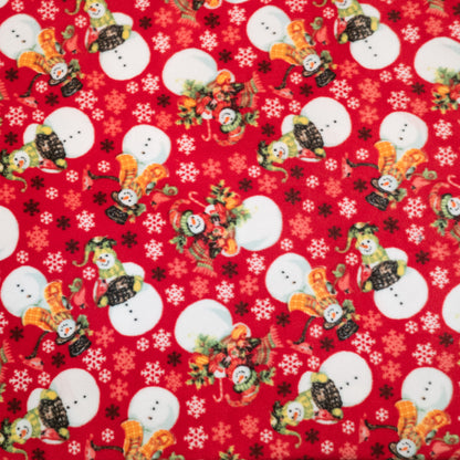 Fleece fabric swatch for Italian Greyhound bodysuits: snowmen and white snowflakes on red