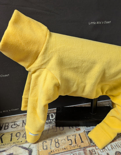 Solid yellow fleece bodysuit for a large Italian Greyhound, side view on a dog form