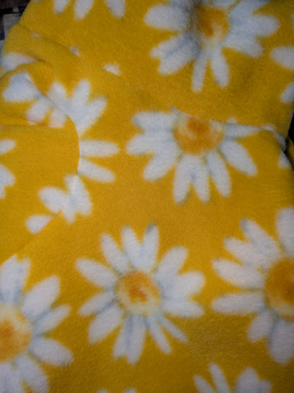 Fleece fabric swatch for Italian Greyhound bodysuits: white daisies on bright yellow