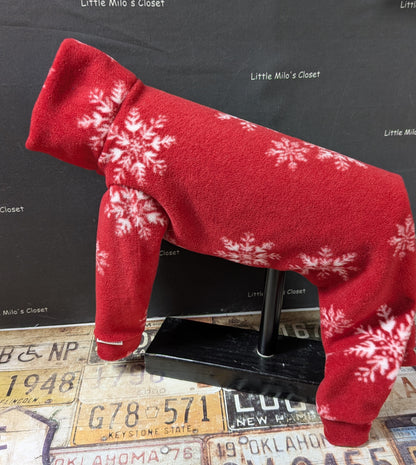 Snowflakes on Red fleece bodysuit, deep red with white snowflakes, side view on an Italian Greyhound dog form