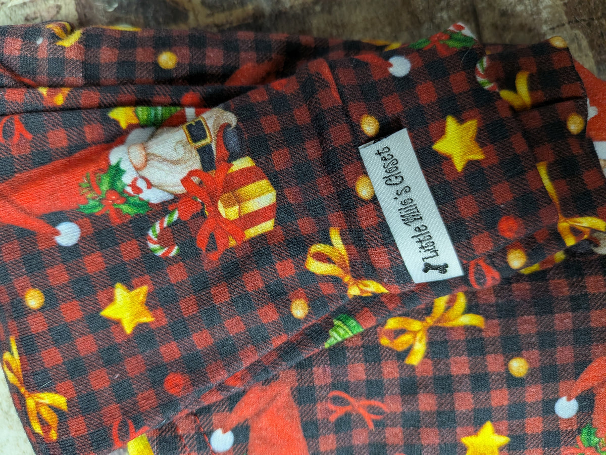 Folded Checked Santas two legged top, red and black check with Santa, gifts and gold stars
