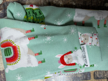 Folded mint Llamas on Green two legged Christmas top for Italian Greyhounds with llamas and snowflakes