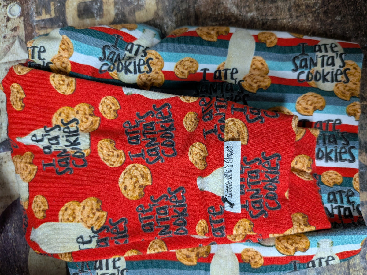 Folded I Ate Santa's Cookies Stripe two legged top, red cookie print with blue and white striped sleeves