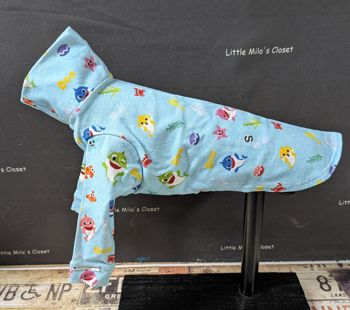 Light blue Baby Shark cotton lycra long sleeve top with cartoon sharks and starfish, on an Italian Greyhound dog form