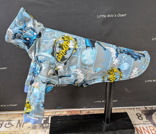 Light blue Batman comic print cotton lycra long sleeve top, side view on an Italian Greyhound dog form