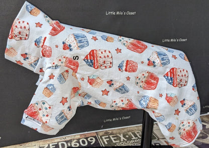 Capri length Italian Greyhound bodysuit, white with red, white and blue cupcakes and stars, on a dog form