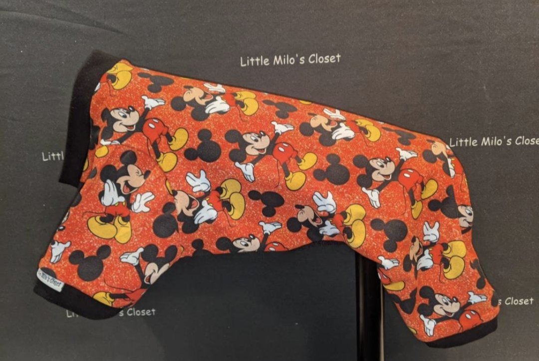Boy Mouse capri bodysuit with an orange red cartoon mouse print and black cuffs, on a dog form
