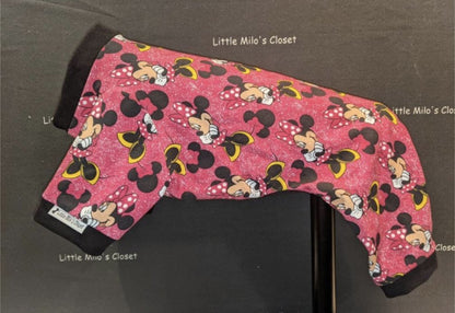 Girl Mouse capri bodysuit with a pink cartoon mouse and bow print and black cuffs