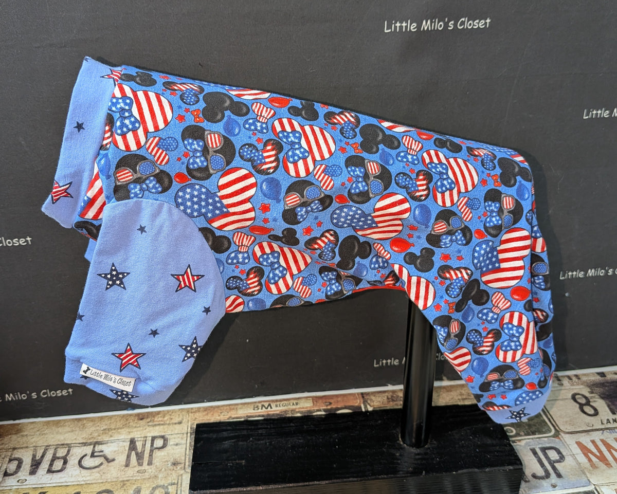 Patriotic mouse ears heart print capri bodysuit with light blue star print sleeves on an Italian Greyhound dress form