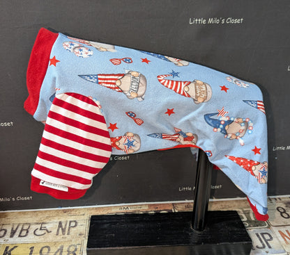 Fourth of July Gnomes capri bodysuit, light blue gnome print with red and white striped sleeves on a dress form