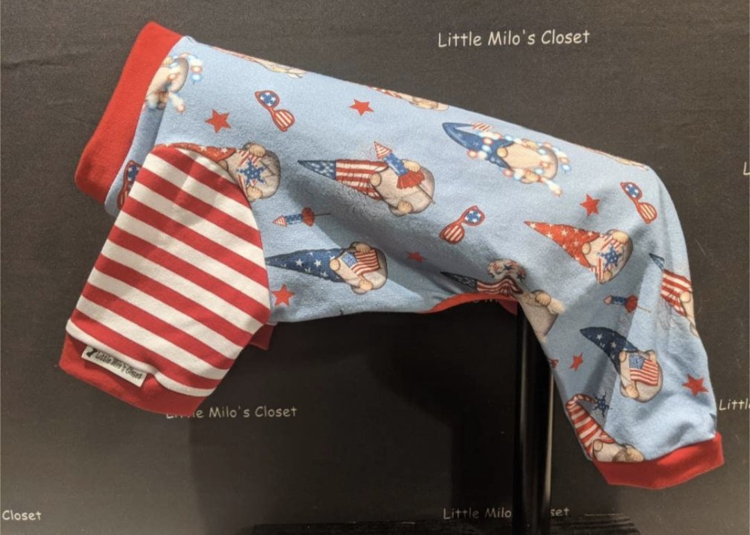 Fourth of July Gnomes capri bodysuit, light blue with patriotic gnomes and red and white striped sleeves