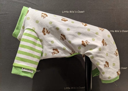 Monkey and Stripes capri bodysuit, white with brown monkeys and green dots, green striped sleeves