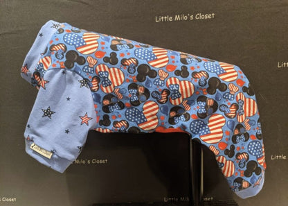 Italian Greyhound capri bodysuit with red, white and blue mouse ear heart print and light blue star sleeves