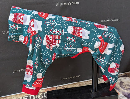 Dark teal Polar Bears Christmas bodysuit for Italian Greyhounds with bears in red sweaters and red cuffs, on a form
