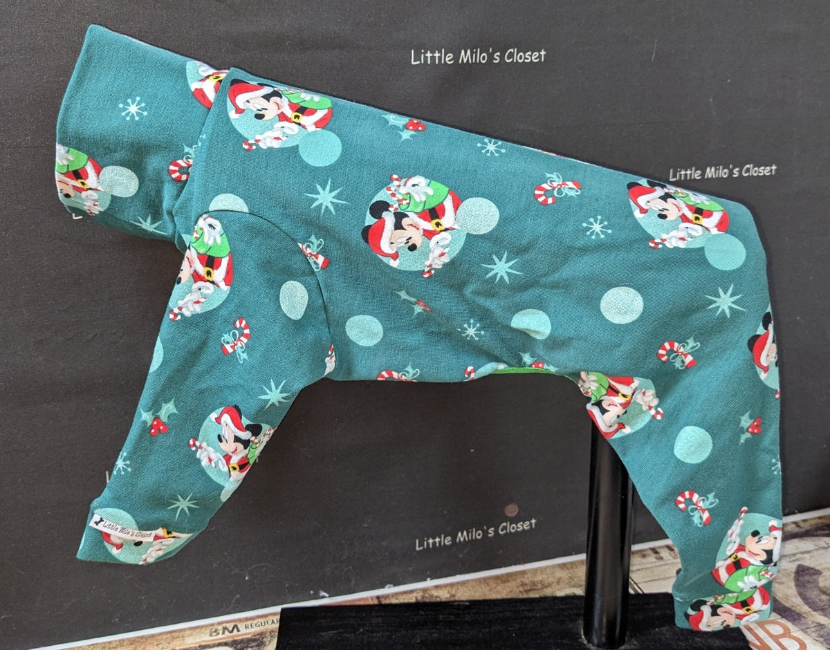 Teal Christmas Mouse cotton lycra bodysuit with candy canes and snowflakes, shown on an Italian Greyhound form