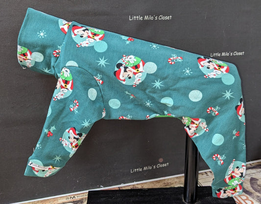 Teal Christmas Mouse cotton lycra bodysuit with candy canes and snowflakes, shown on an Italian Greyhound form