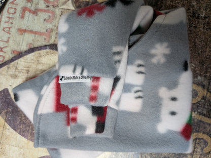 Polar Bears Christmas fleece top, grey fleece with white polar bears in red scarves, folded flat lay