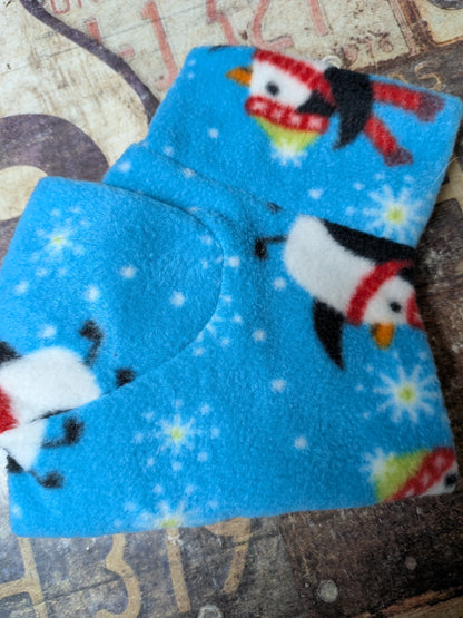 Penguins Christmas fleece top for Italian Greyhounds, bright blue fleece with penguins and snowflakes