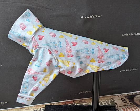 Spring Gnomes long sleeve Italian Greyhound top, light blue with pastel gnomes and hearts, on a dog form